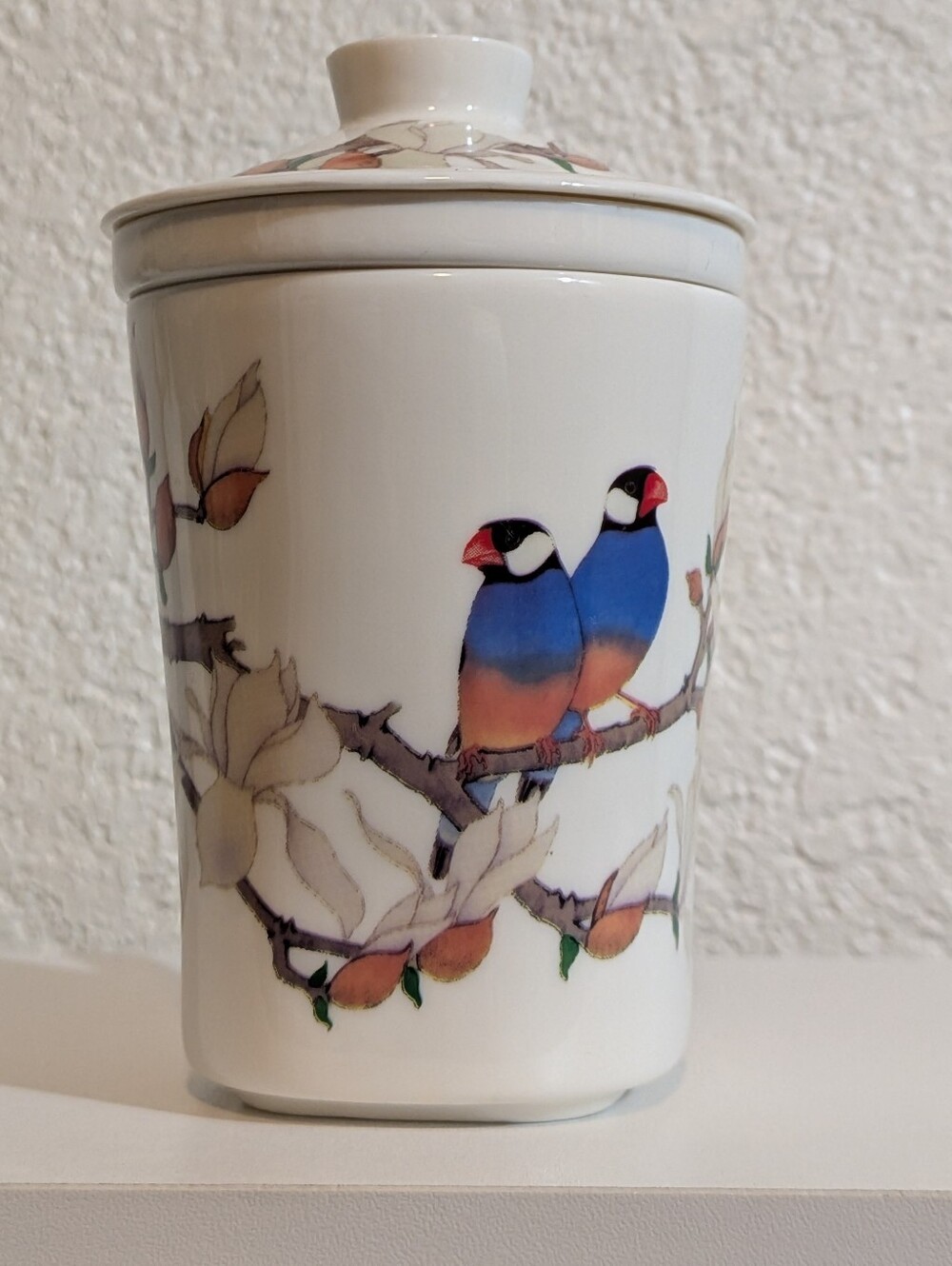 Teavana White Porcelain Tea Infuser Lidded Canister with Blue Bird Motif
